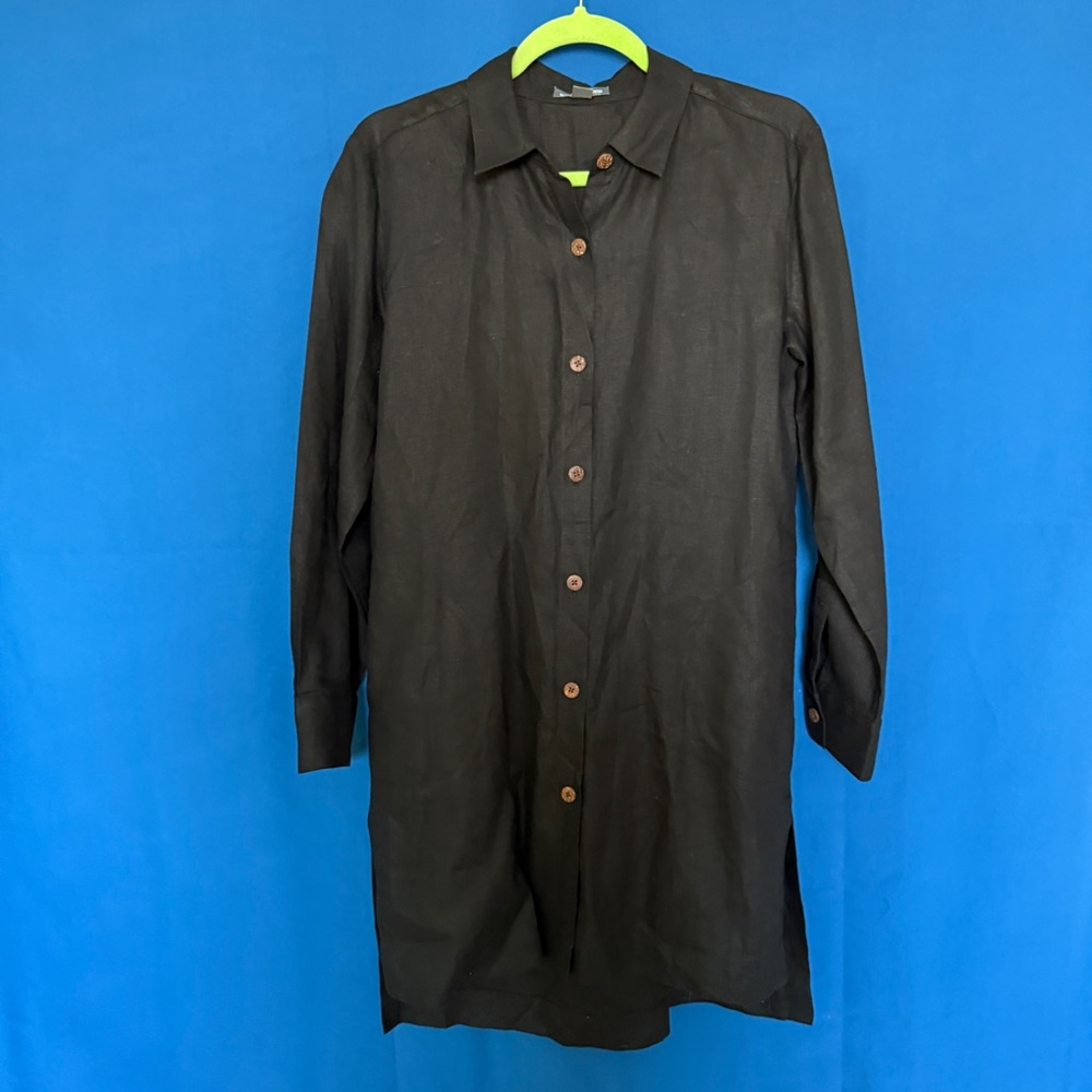 Go Silk Black Linen Tunic Dress Lagenlook Button Down Vintage PM